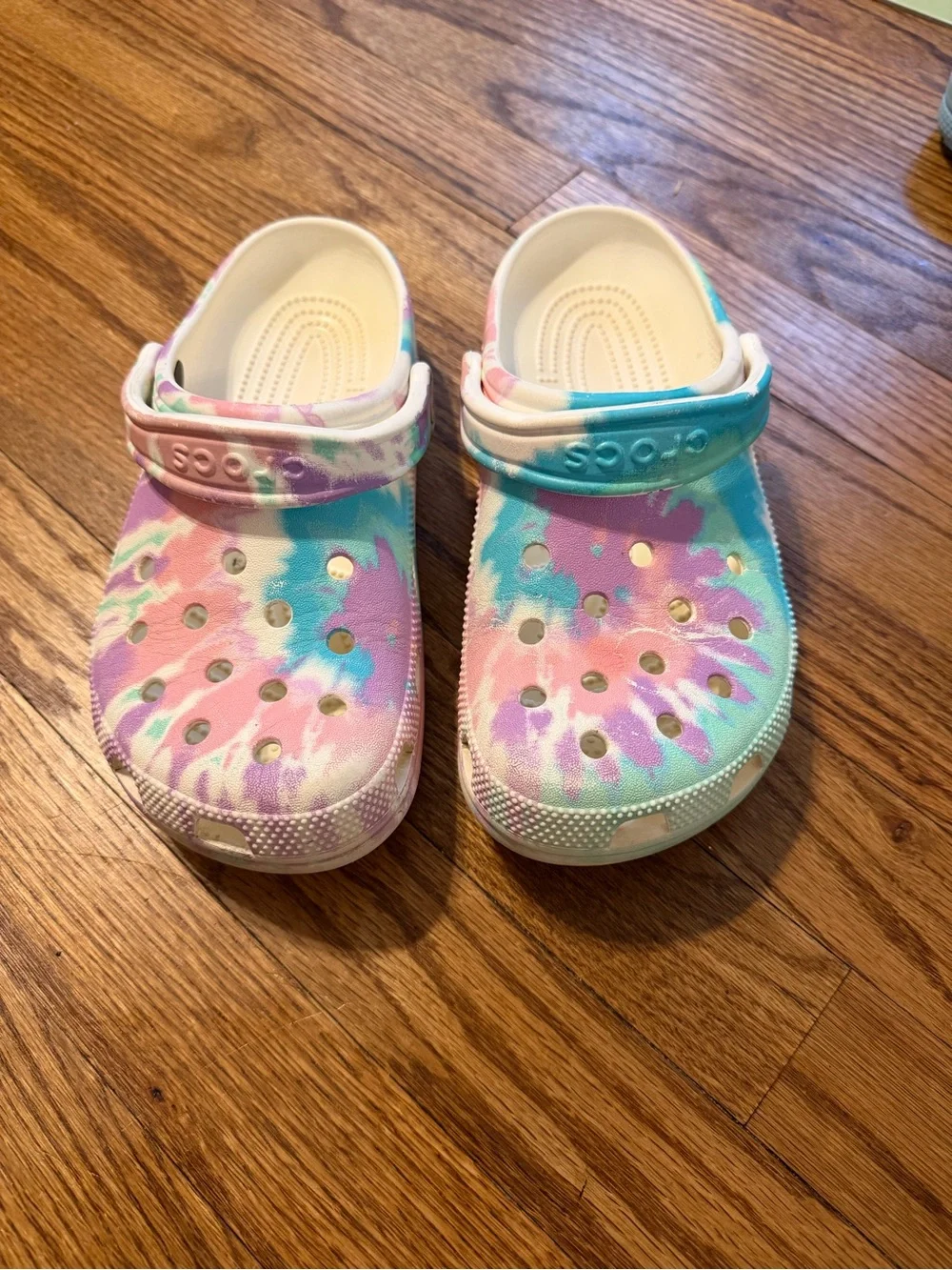 CROCS Kids Tie-Dye Clogs in Pastel Pink, Blue & Purple
